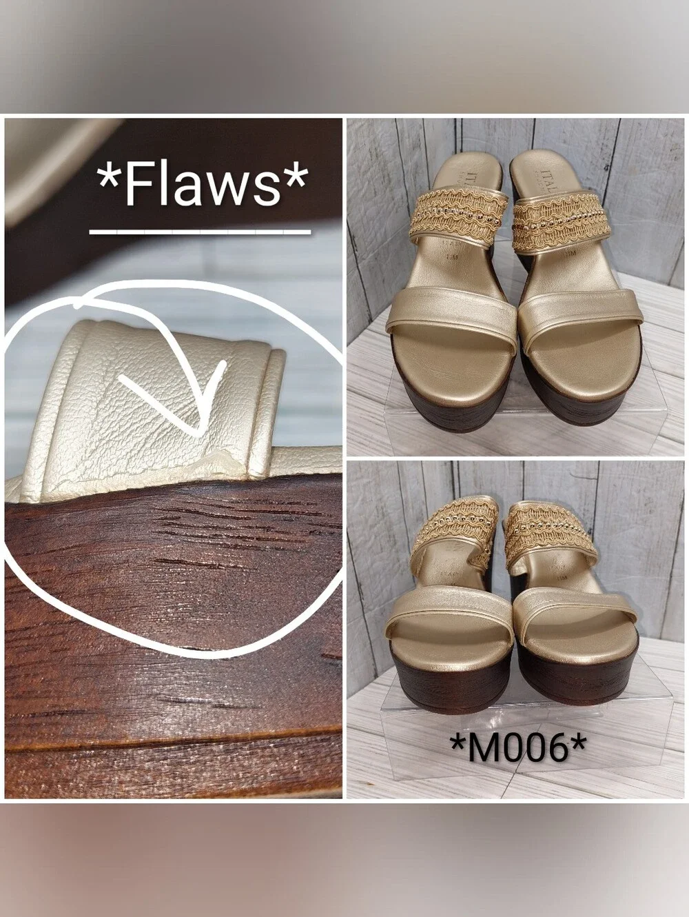 Italian Shoemakers Wmn 11M Gold Lthr Beaded Lace Strappy Wedge Platform Sandals